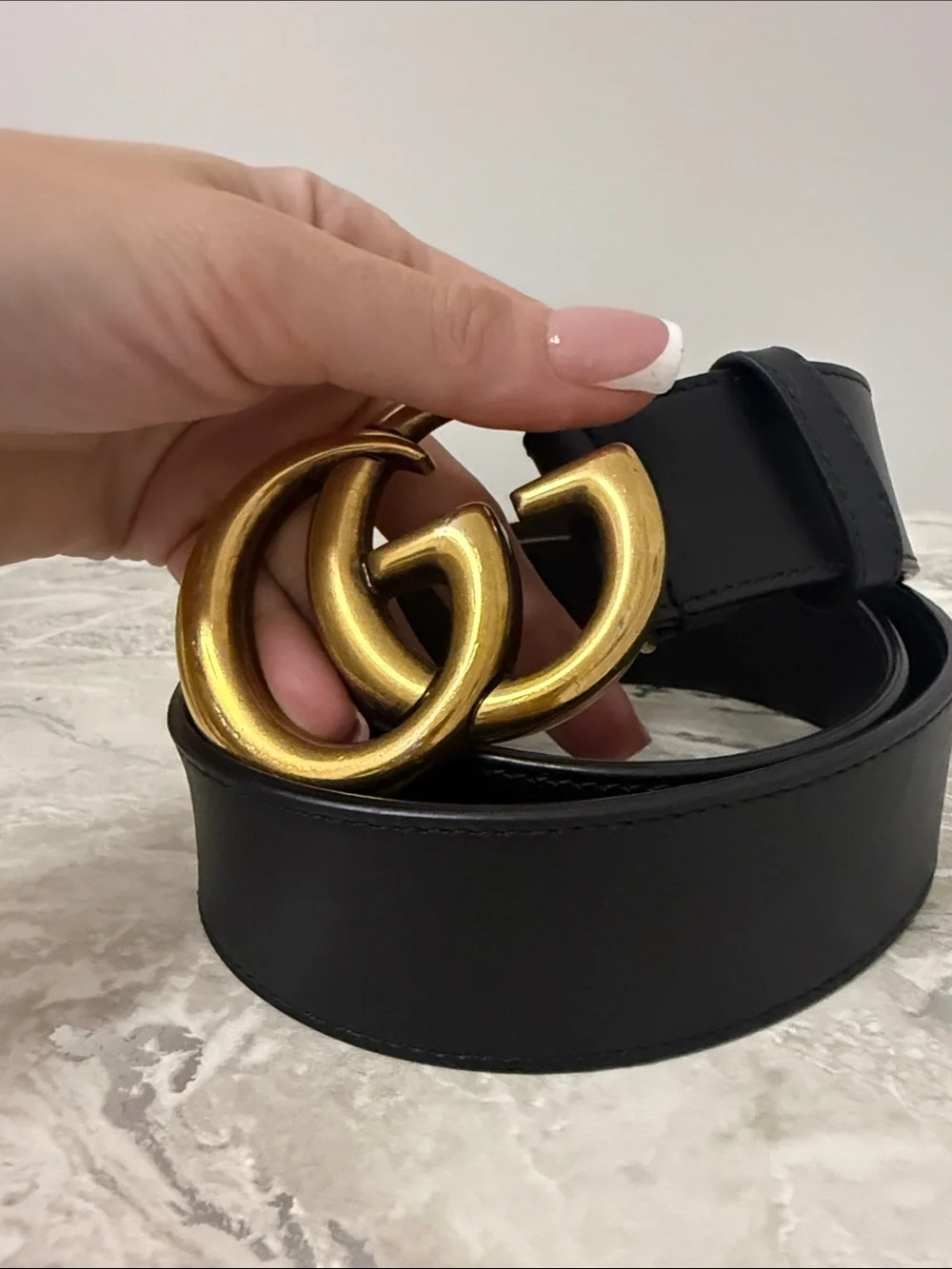 Gucci Black Leather Belt with Aged Gold Interlocking GG Buckle